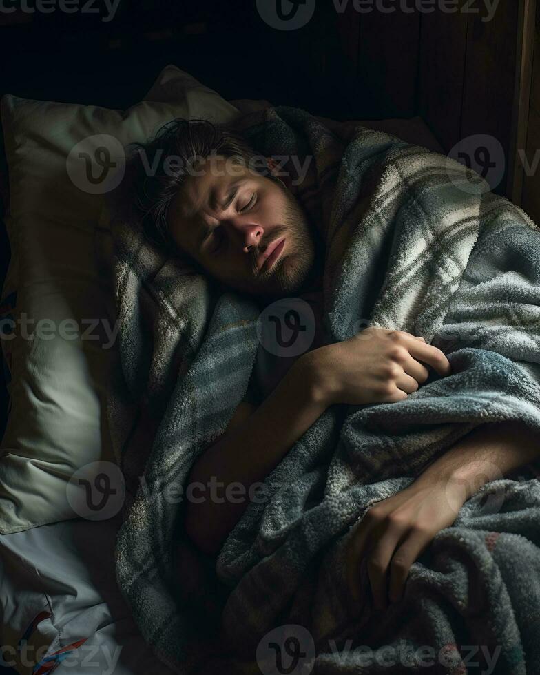a man is sleeping in bed with a blanket generative ai photo