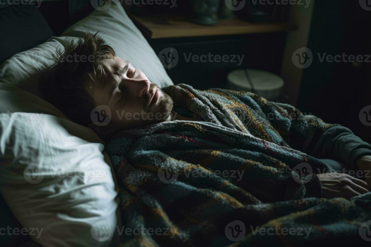 a man is sleeping in bed while wrapped in a blanket generative ai photo