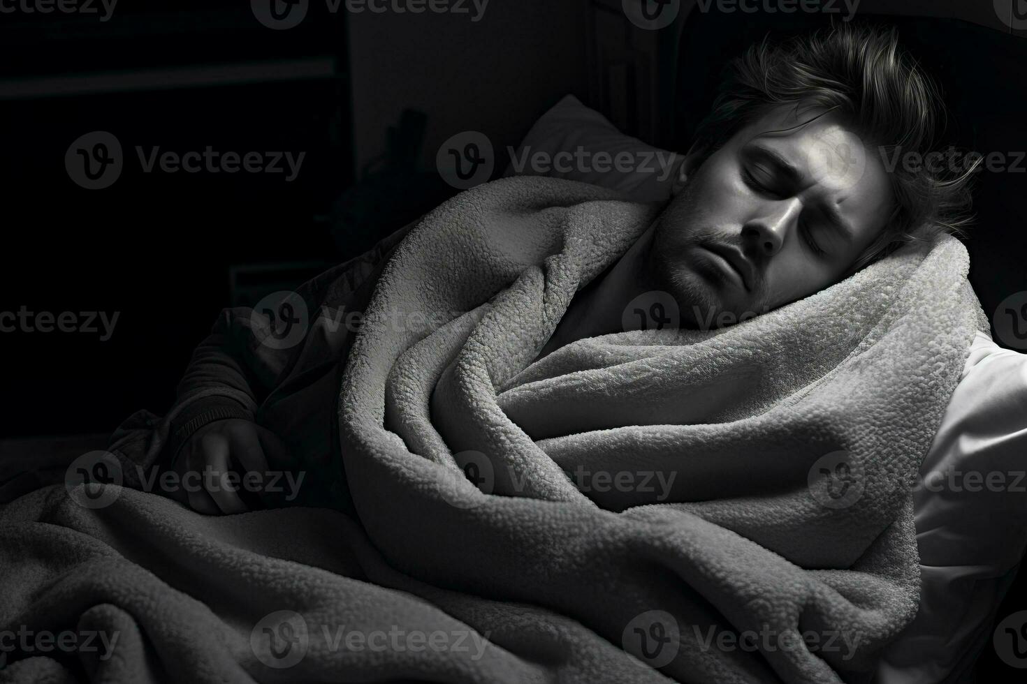 a man is sleeping in bed with a blanket generative ai photo