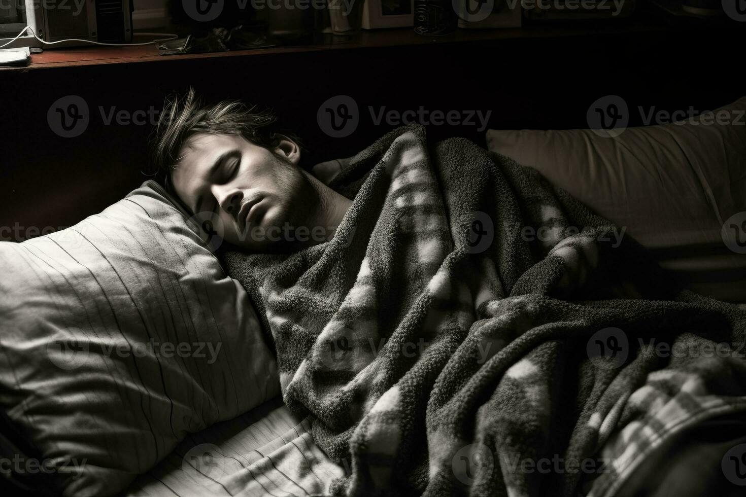 a man is sleeping on a bed under a blanket generative ai photo