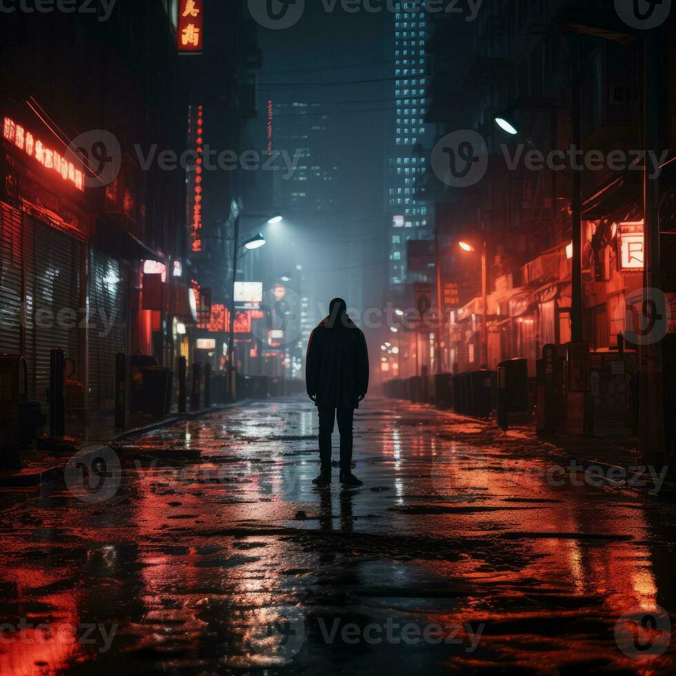 a man is standing in the middle of a city street at night generative ai photo