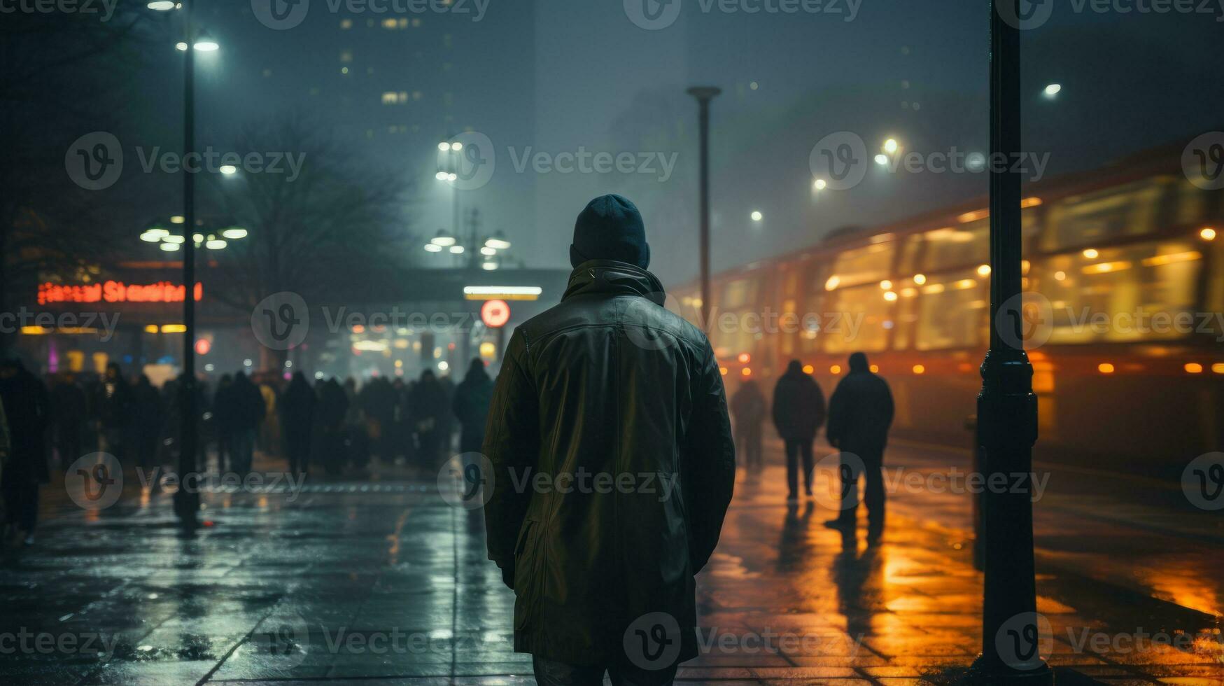 a man is standing in the middle of a city street at night generative ai photo