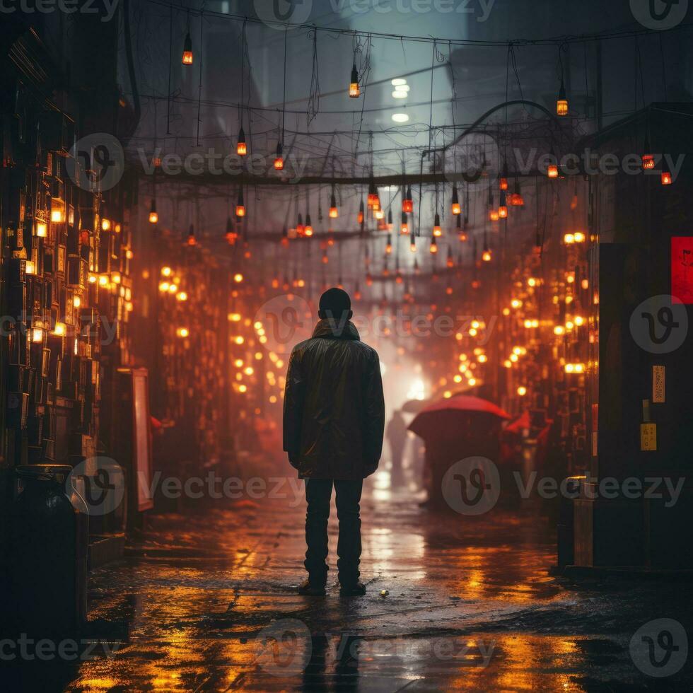 a man is standing in the middle of an alley at night generative ai photo