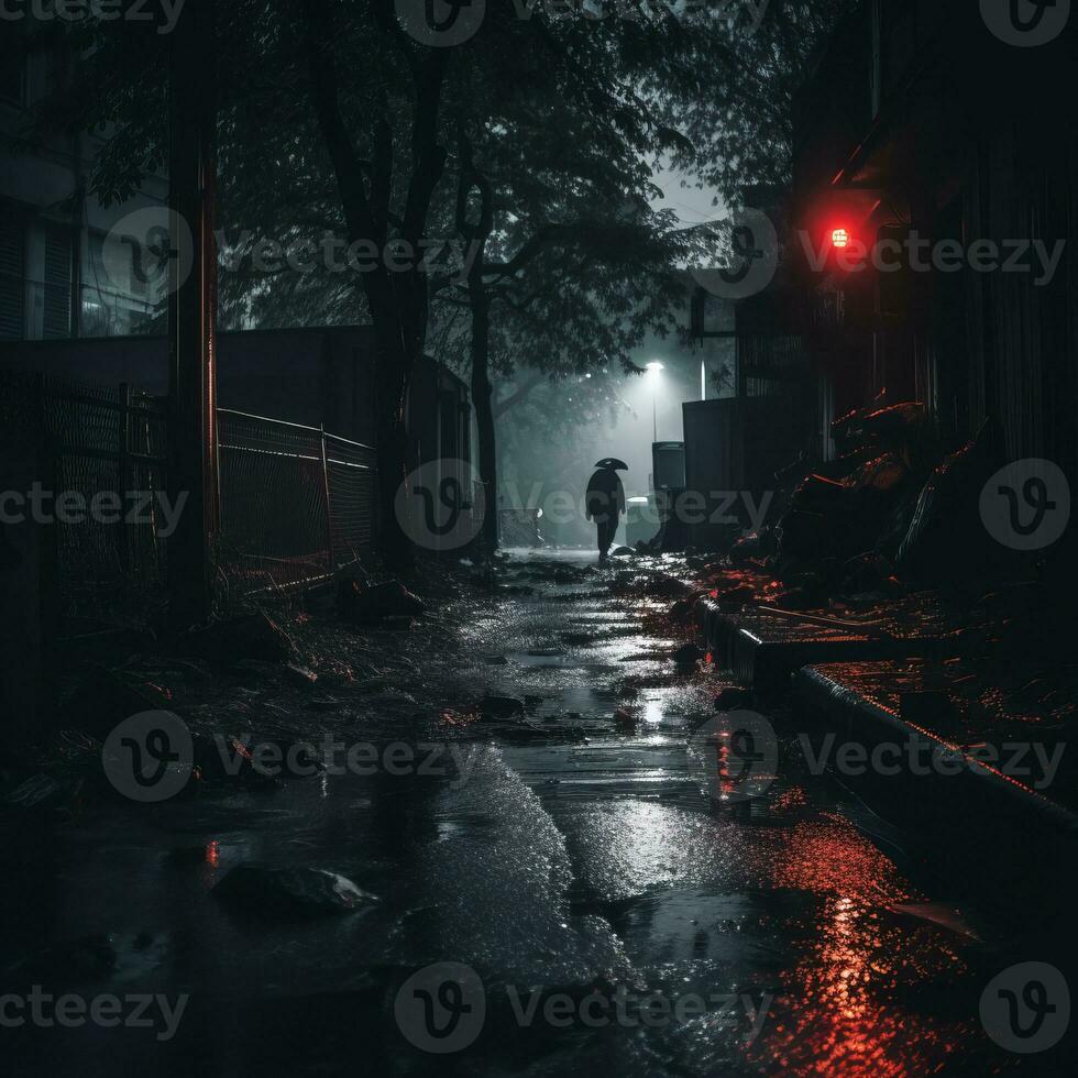 a man is walking down a dark street at night generative ai photo