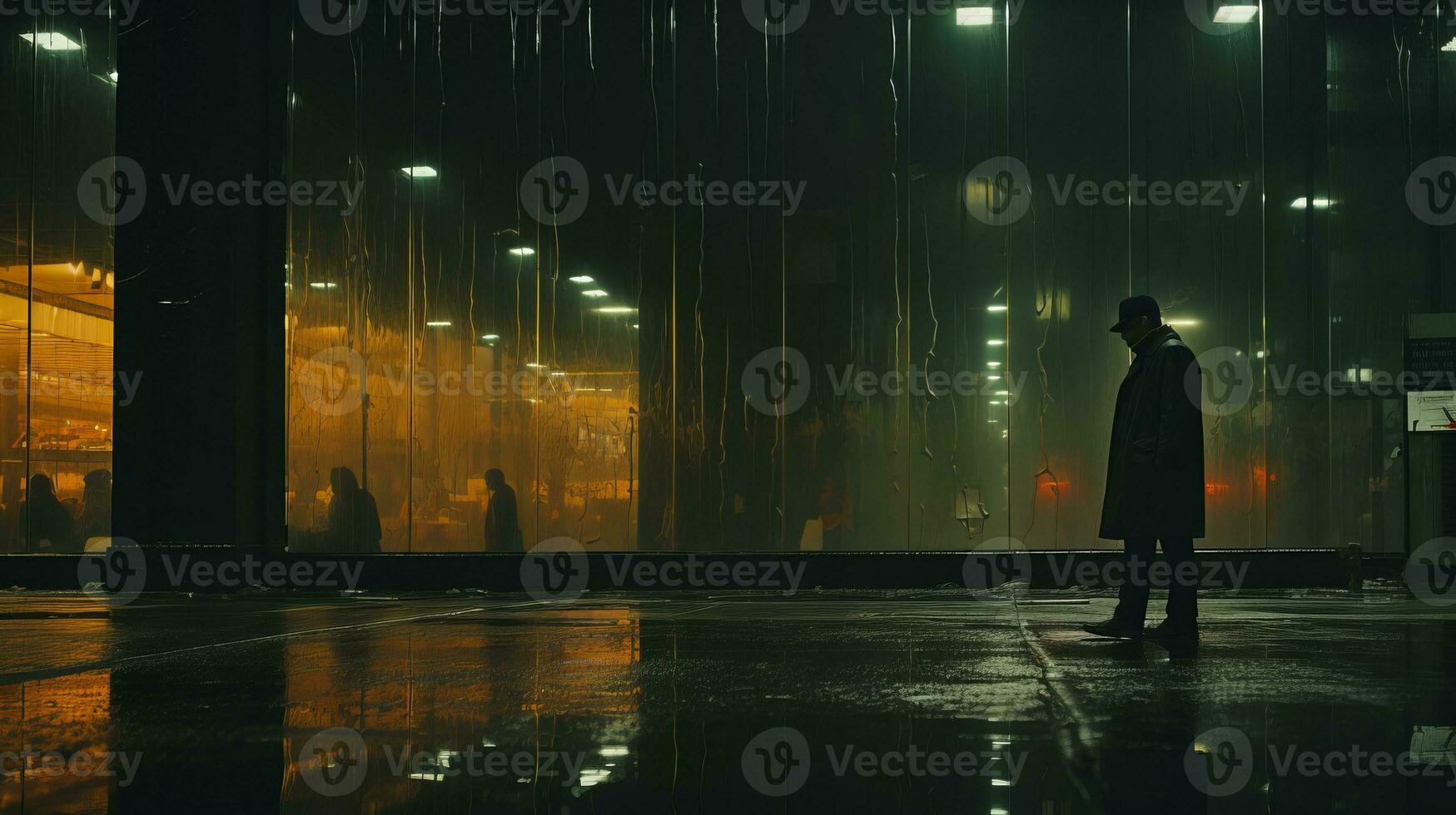 a man is standing in the rain at night generative ai photo