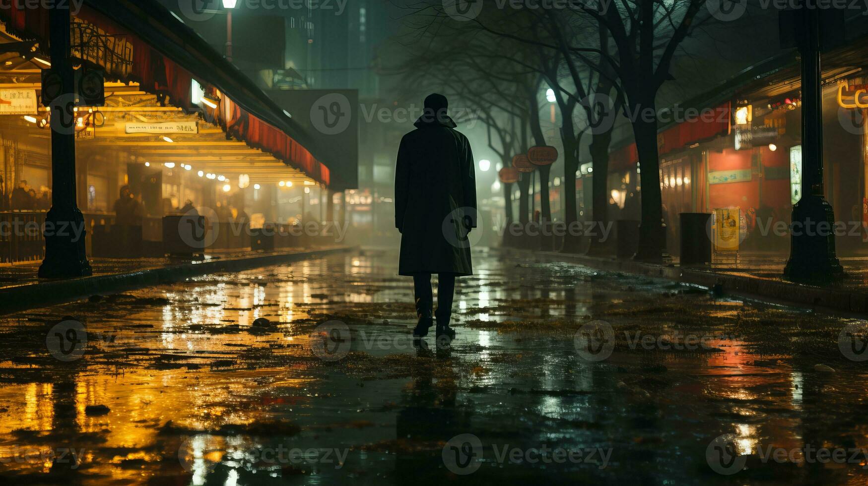 a man is walking down a wet street at night generative ai photo