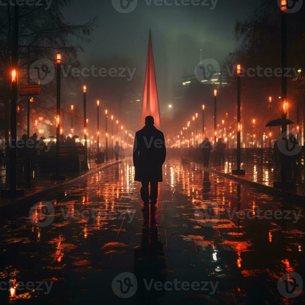 a man is walking down a wet street at night generative ai photo