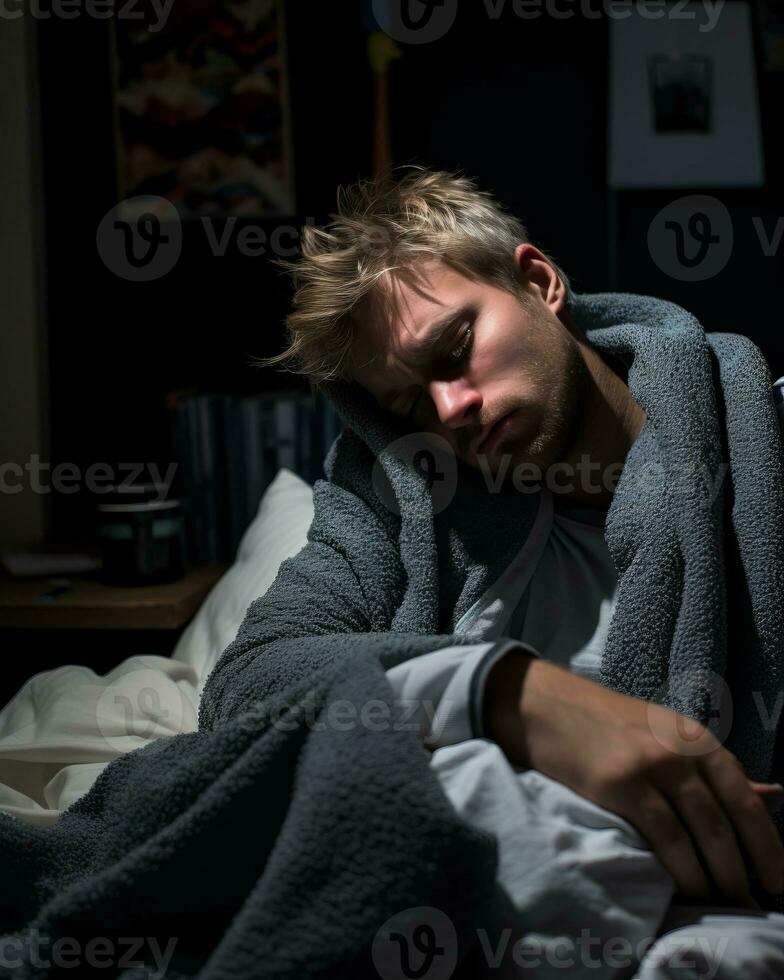 a man sleeping in bed with a blanket wrapped around him generative ai photo
