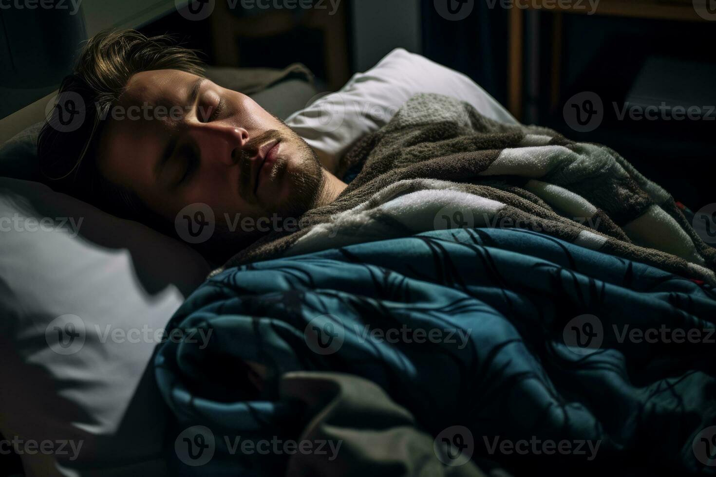 a man sleeping in bed with a blanket generative ai photo