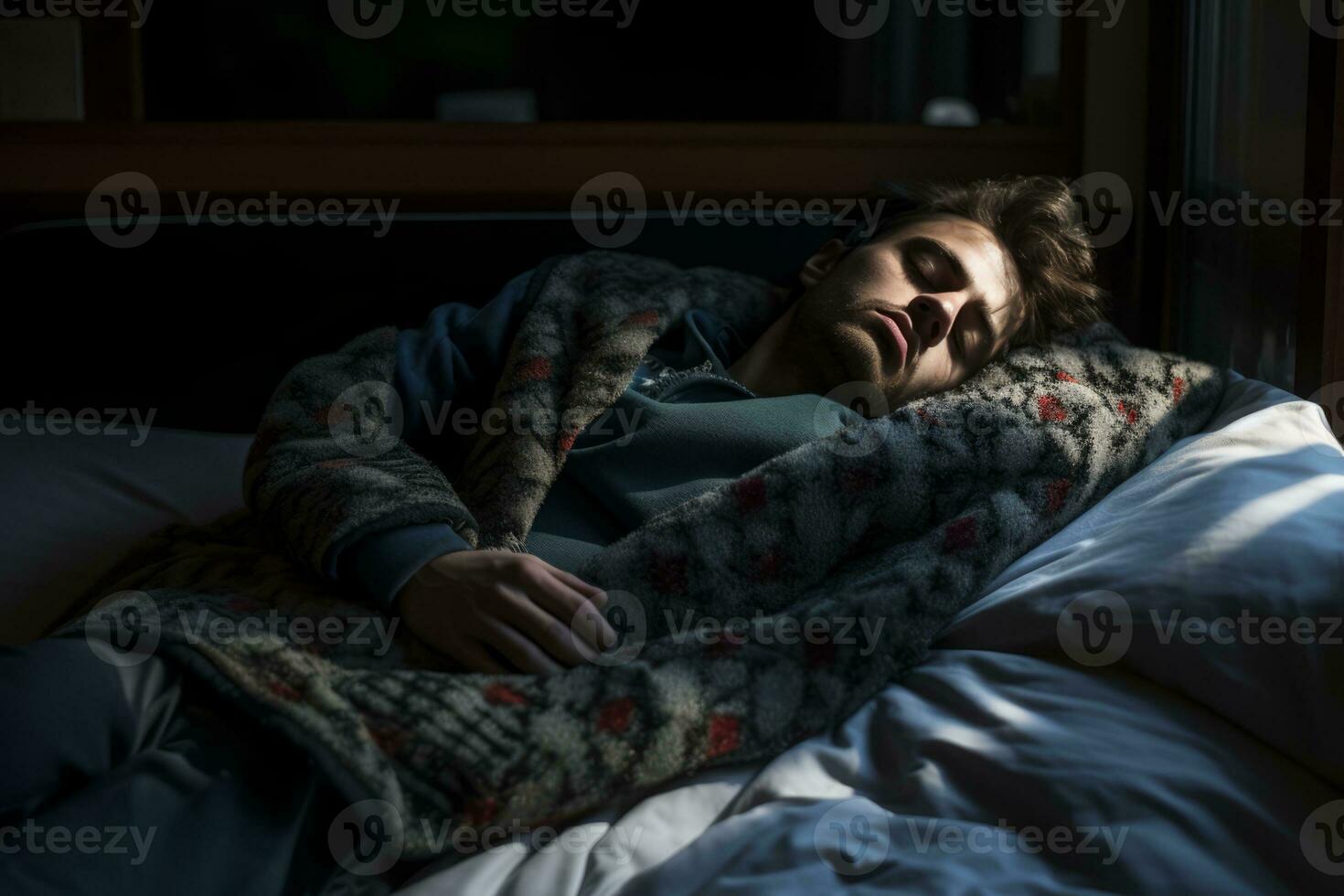 a man sleeping on a bed generative ai photo