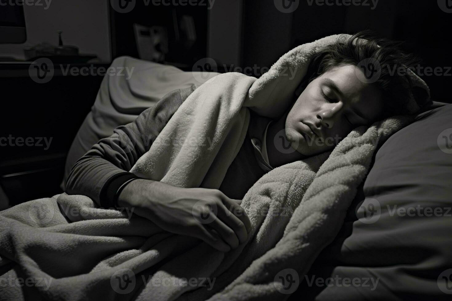 a man sleeping on a bed with a blanket wrapped around him generative ai photo