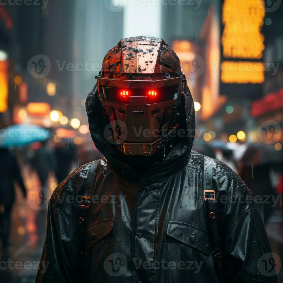 a man wearing a helmet with red lights on it in the rain generative ai photo