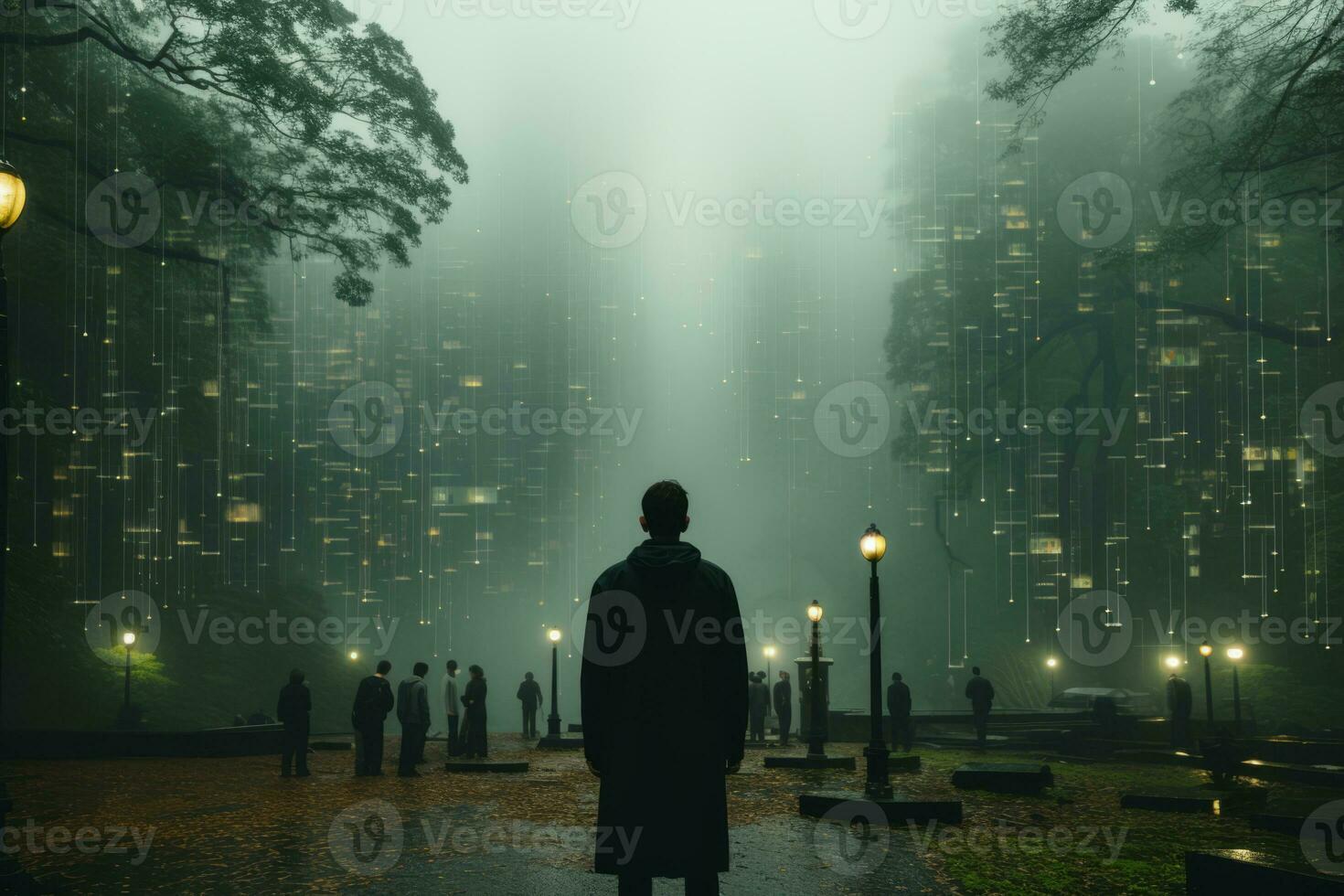 a man standing in the middle of a park in the fog generative ai photo