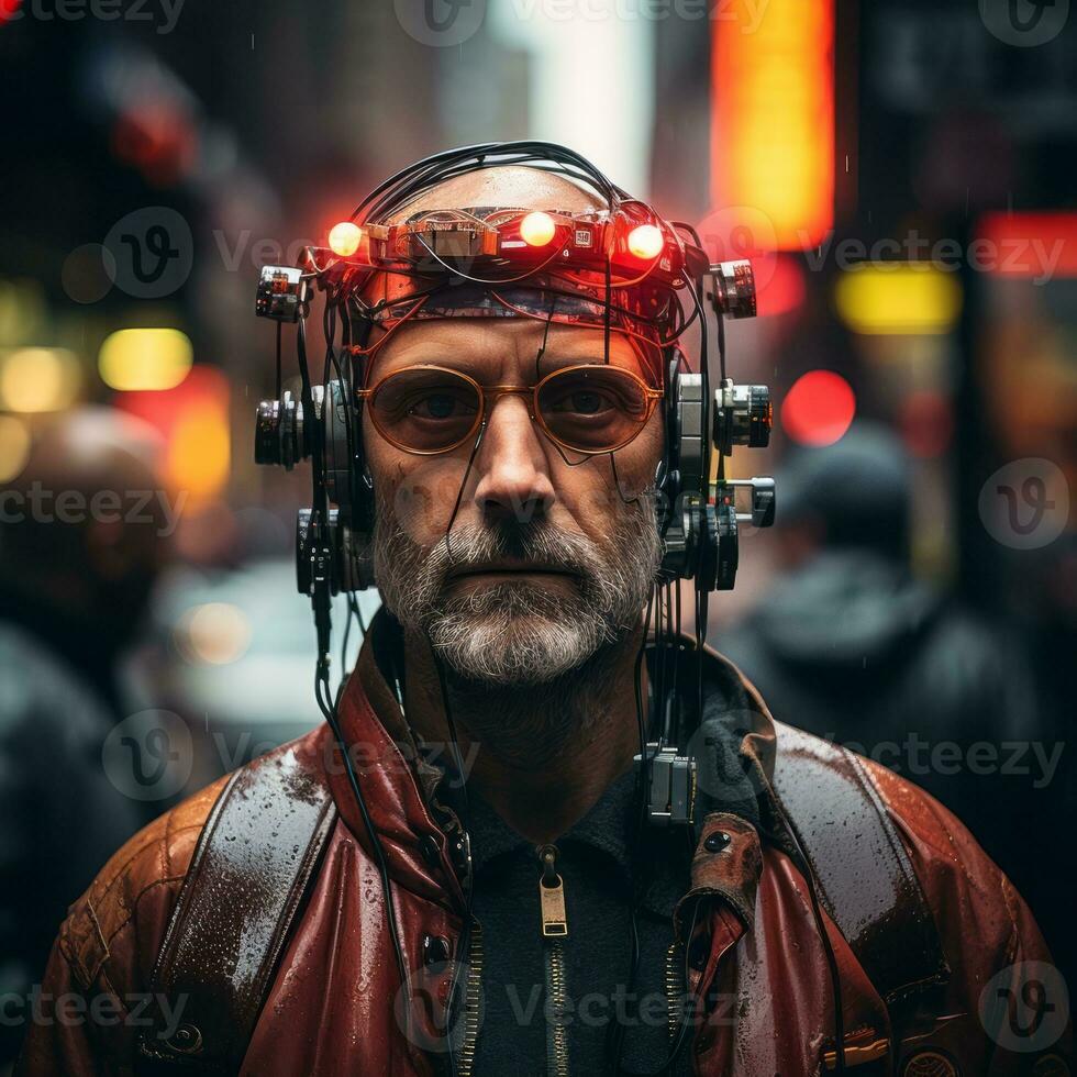 a man wearing a helmet with red lights on it generative ai photo