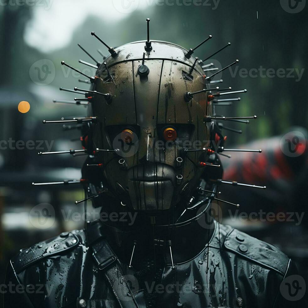 a man wearing a pinhead mask in the rain generative ai photo