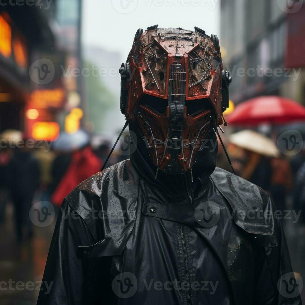 a man wearing a mask on a rainy day generative ai photo