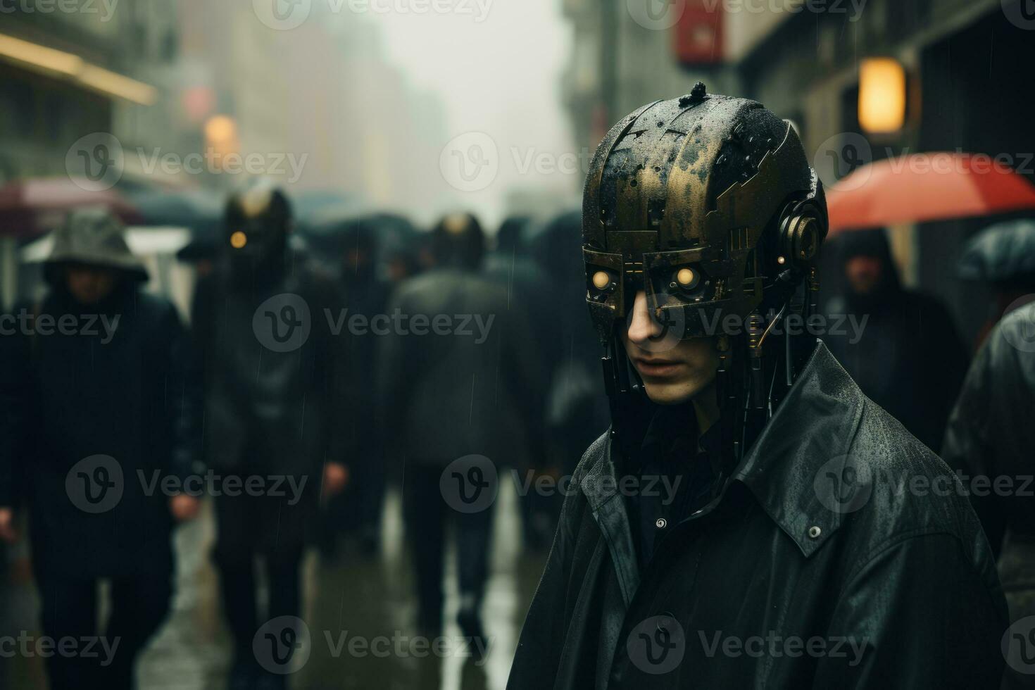 a man wearing a helmet in the middle of a group of people generative ai photo