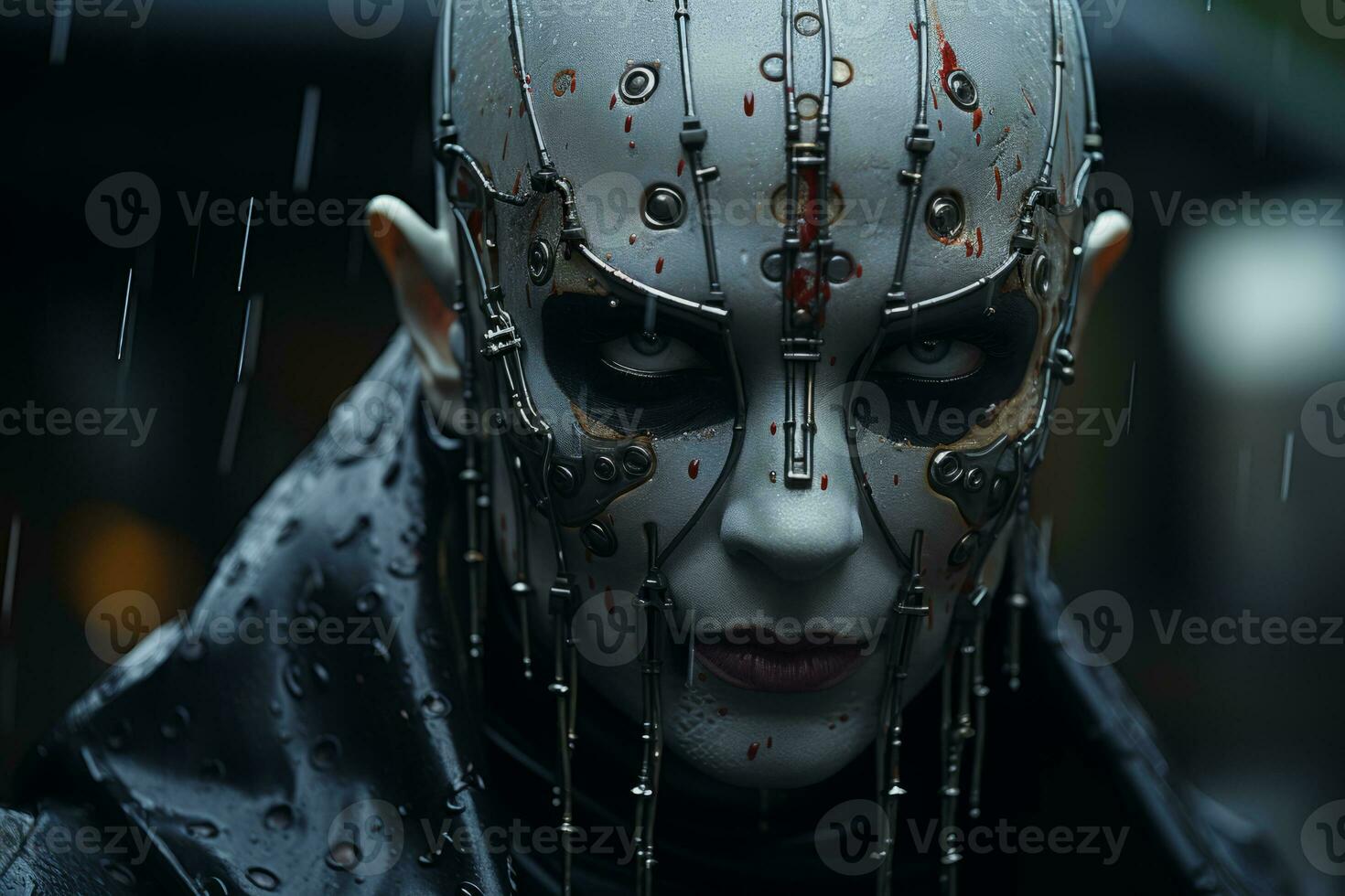 a man wearing a mask with chains on his face in the rain generative ai photo
