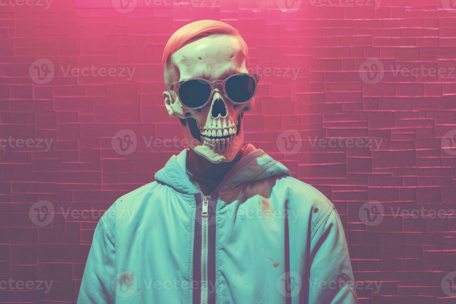a man with a skull mask and sunglasses standing in front of a pink wall generative ai photo