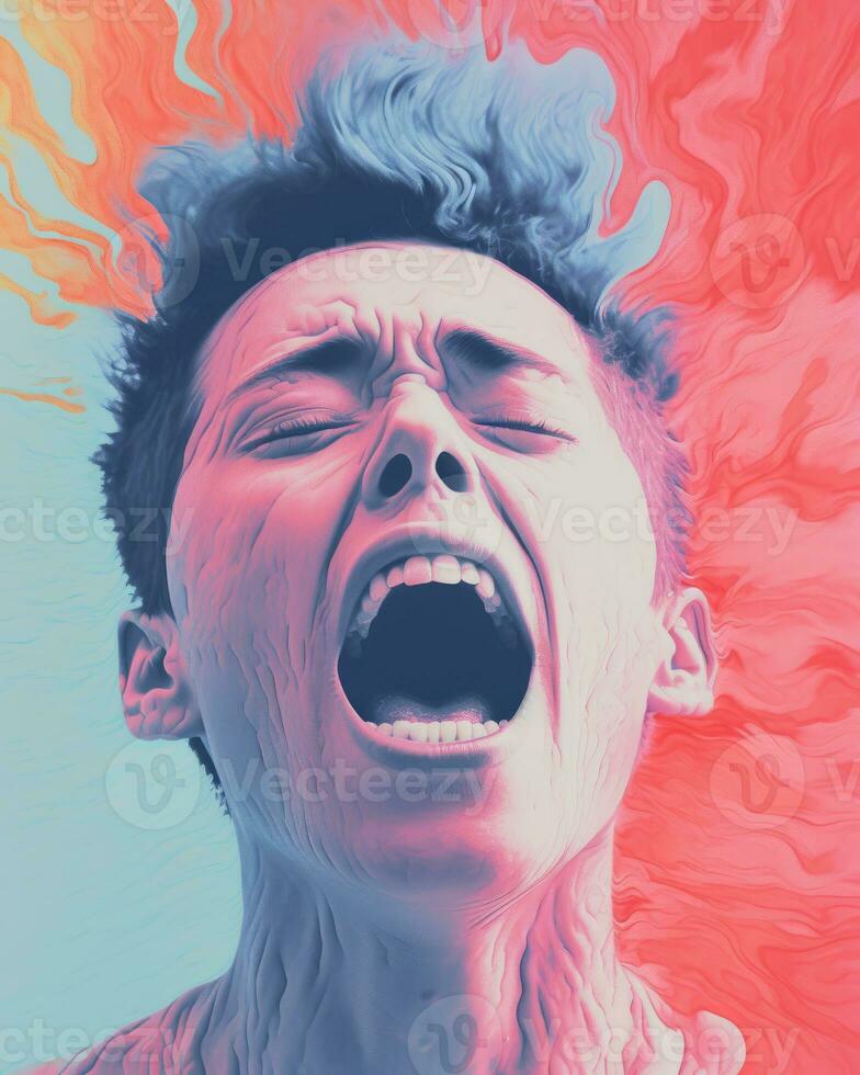 a man with his mouth open in front of a colorful background generative ai photo