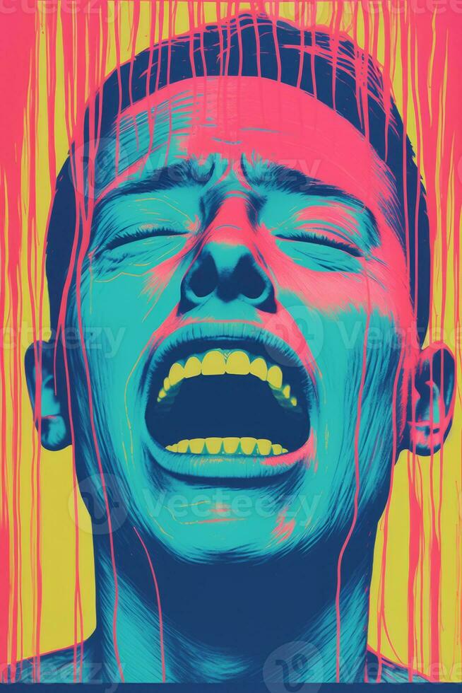 a man with his mouth open in front of a colorful background generative ai photo