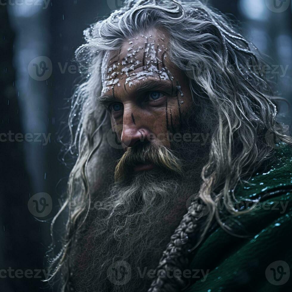 a man with long hair and beard in the rain generative ai photo