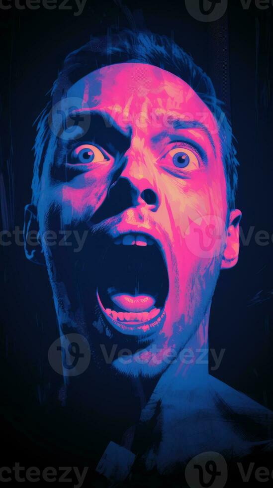 a man with his mouth wide open in front of a blue and pink background generative ai photo
