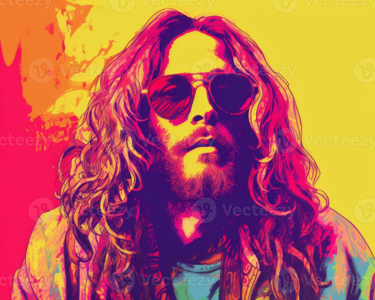 a man with long hair and sunglasses in front of a colorful background generative ai photo