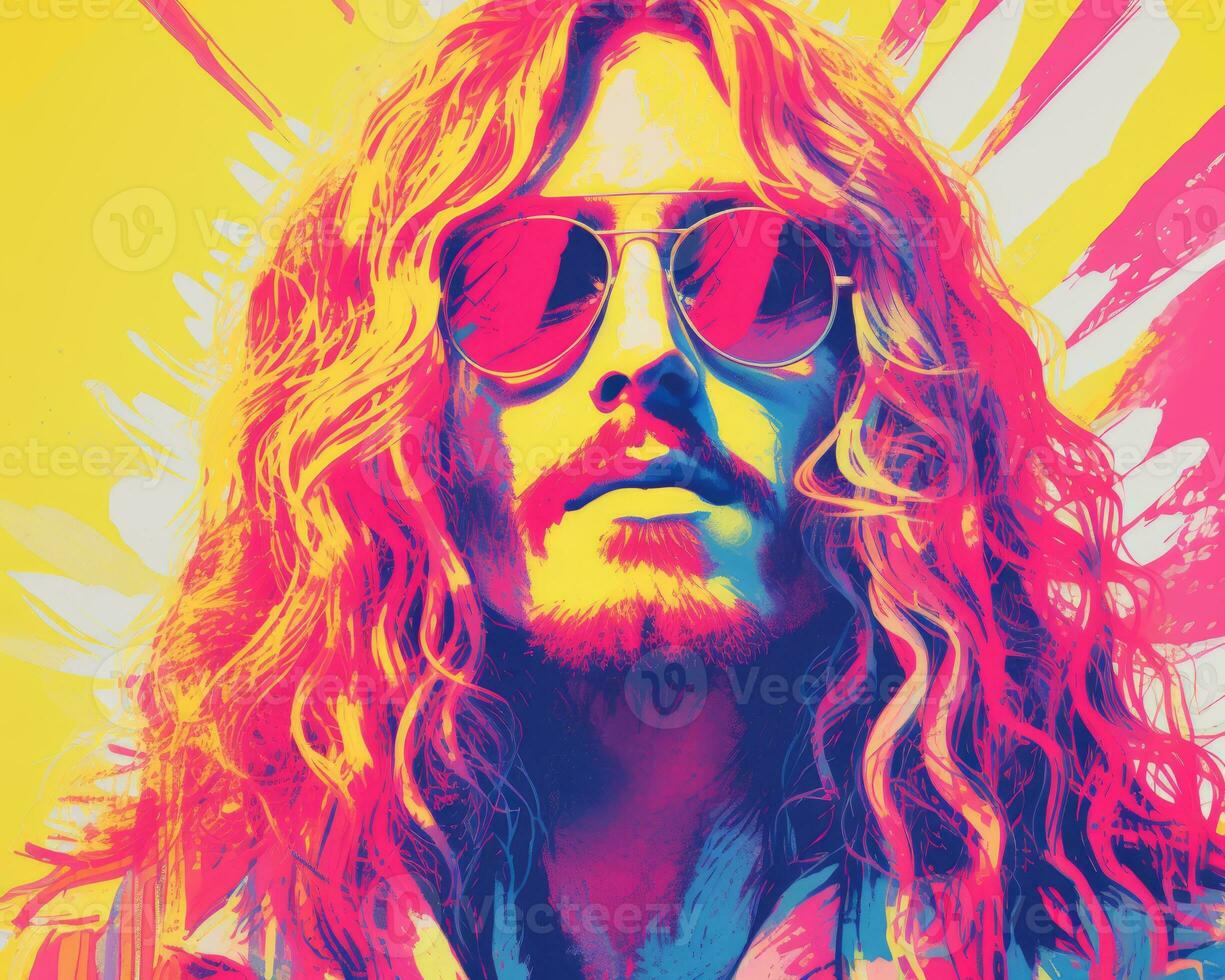 a man with long hair and sunglasses in front of a colorful background generative ai photo