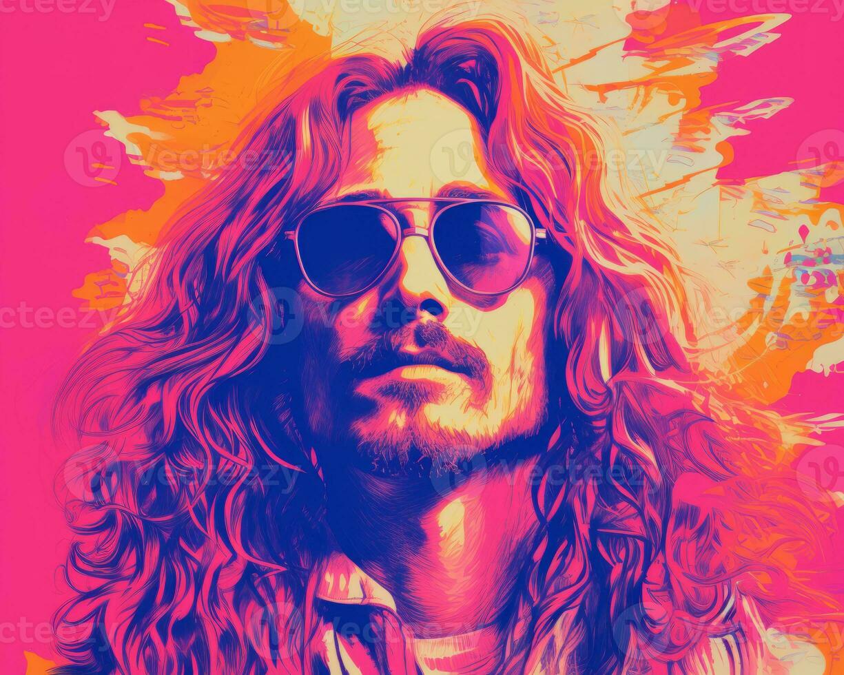 a man with long hair and sunglasses in front of a colorful background generative ai photo