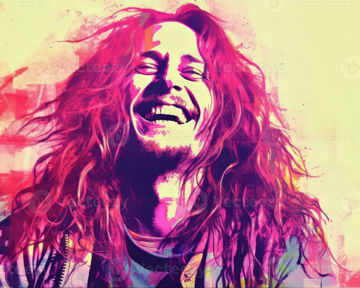 a man with long hair is smiling in front of a colorful background generative ai photo
