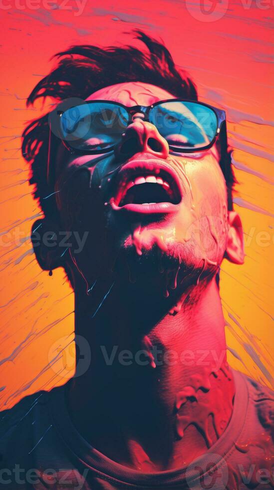 a man with sunglasses on his face in front of a colorful background generative ai photo