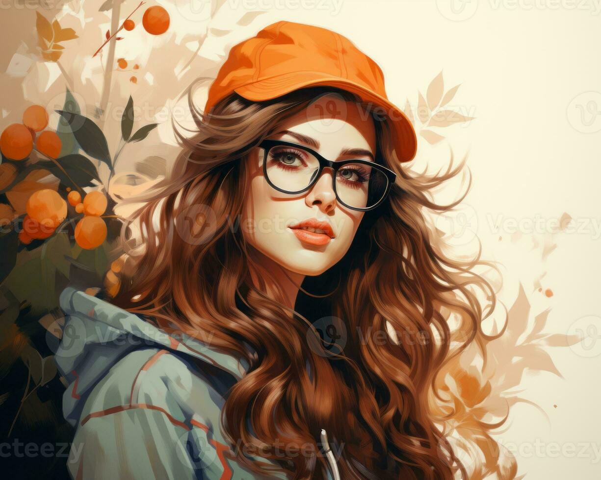 a painting of a girl with glasses and an orange hat generative ai photo