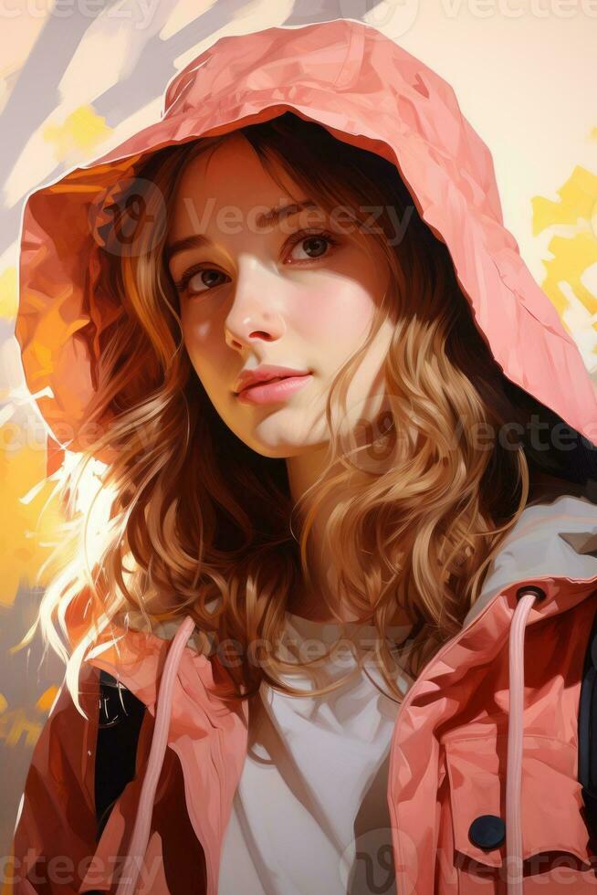 a painting of a girl wearing a pink jacket generative ai photo