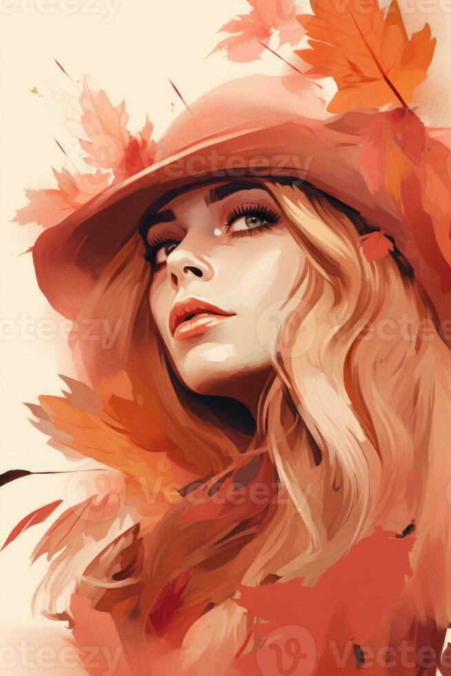 a painting of a woman in a hat and autumn leaves generative ai photo