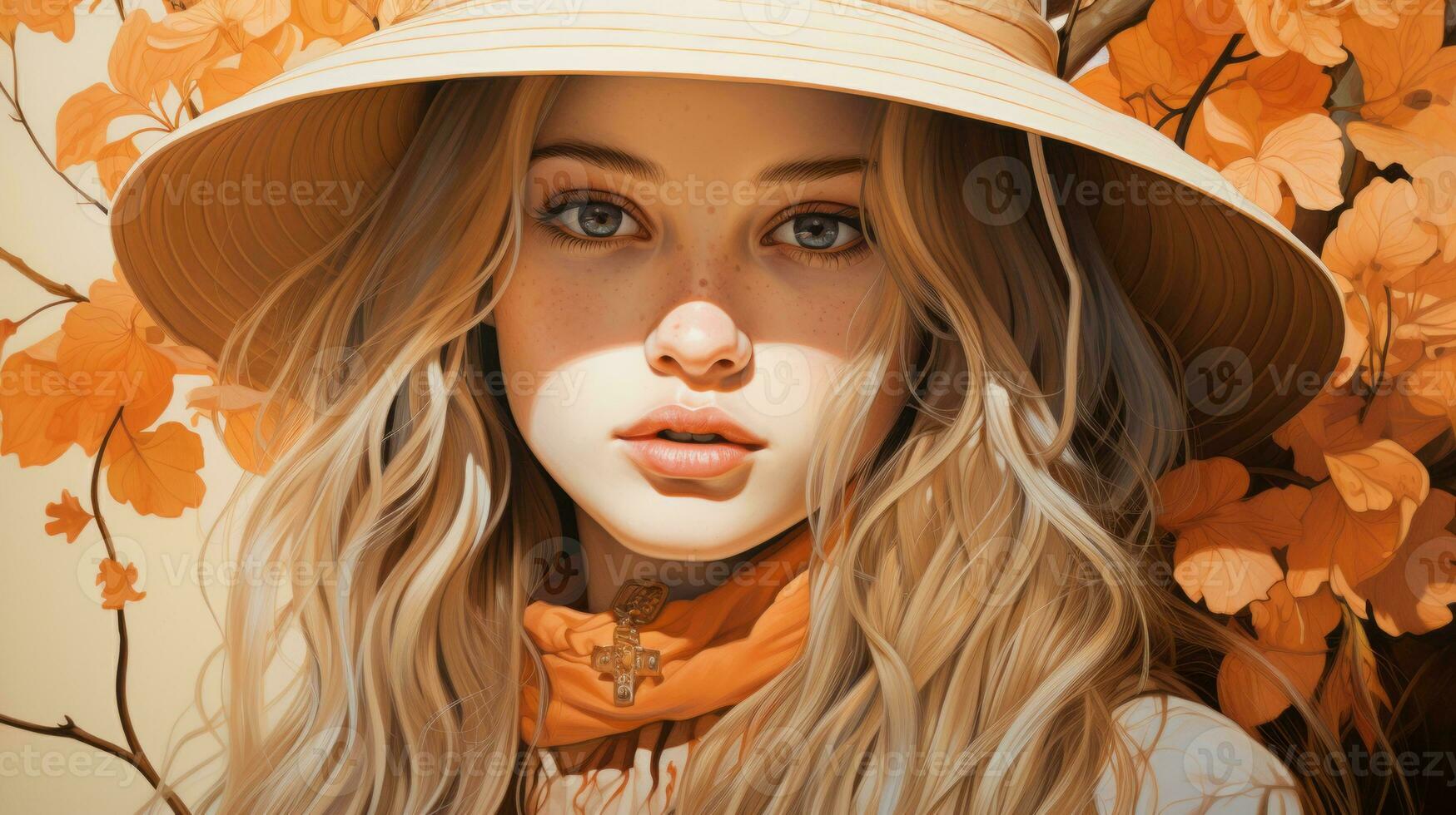 a painting of a woman wearing a hat and an orange scarf generative ai photo