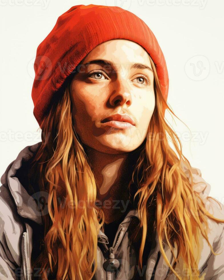 a painting of a woman wearing a red beanie generative ai photo