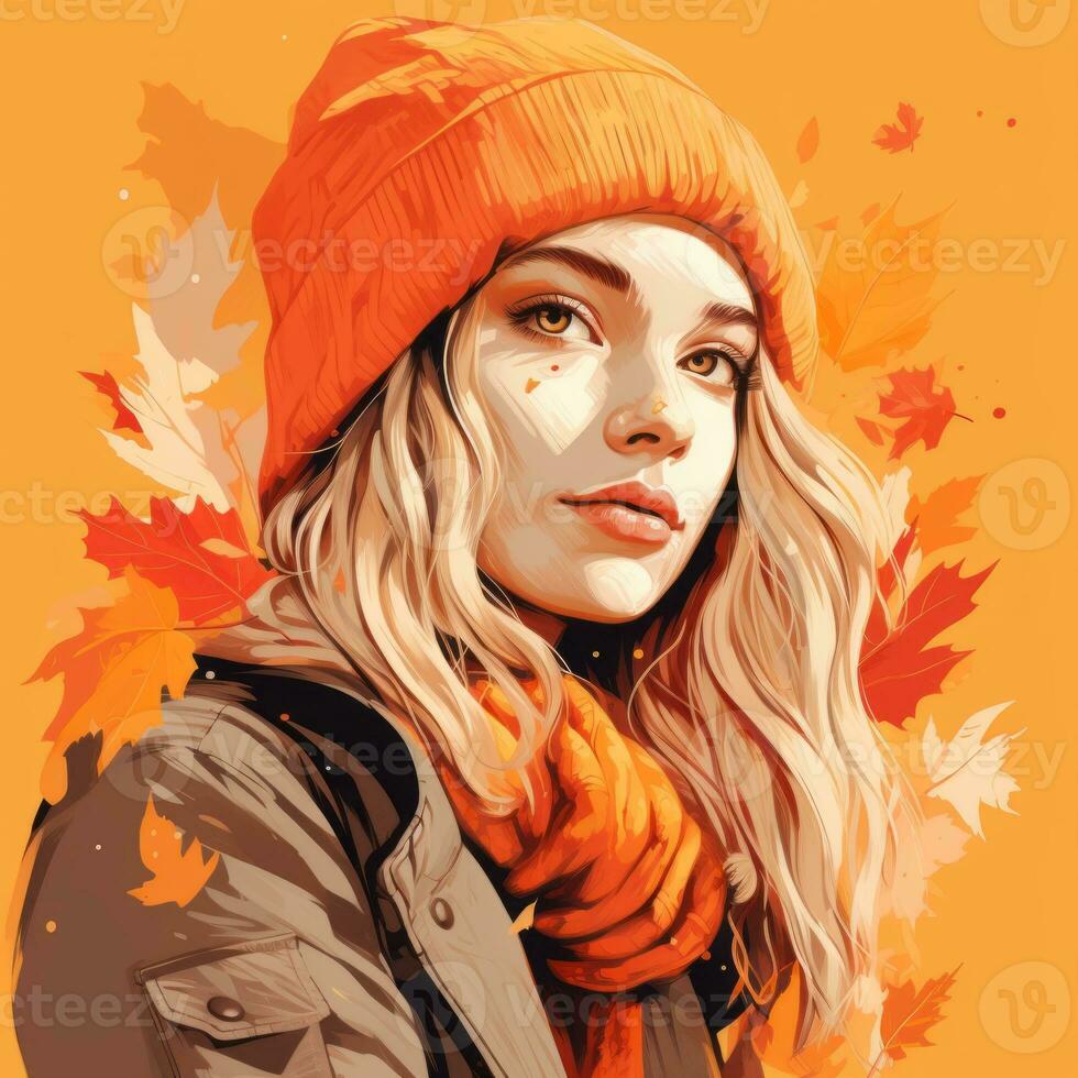 a painting of a woman wearing an orange hat and scarf generative ai photo
