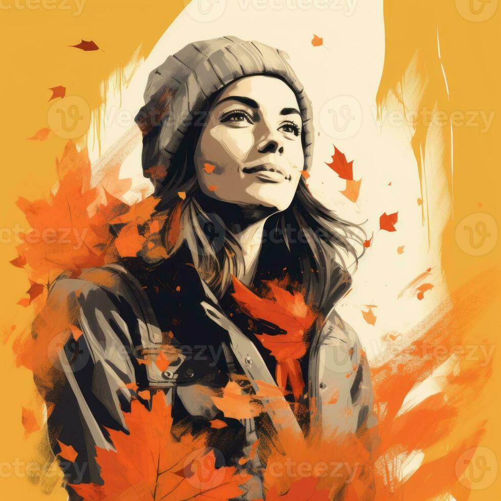 a painting of a woman with autumn leaves on her face generative ai photo