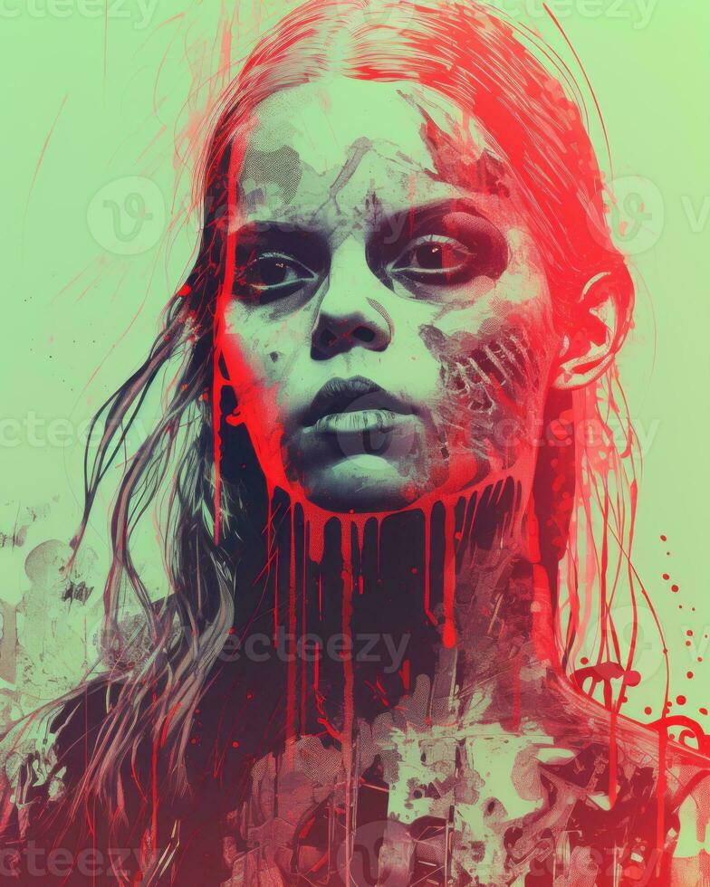 a painting of a woman with blood dripping down her face generative ai photo
