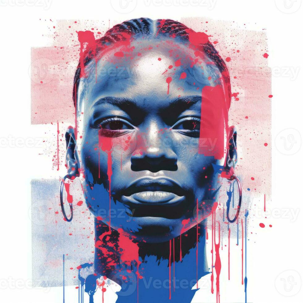 a painting of a woman with blue and pink paint splatters on her face generative ai photo
