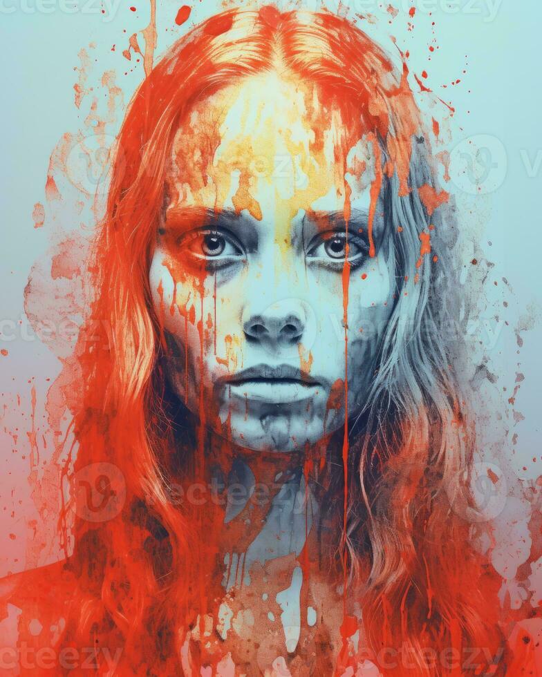 a painting of a woman with blood splatters on her face generative ai photo