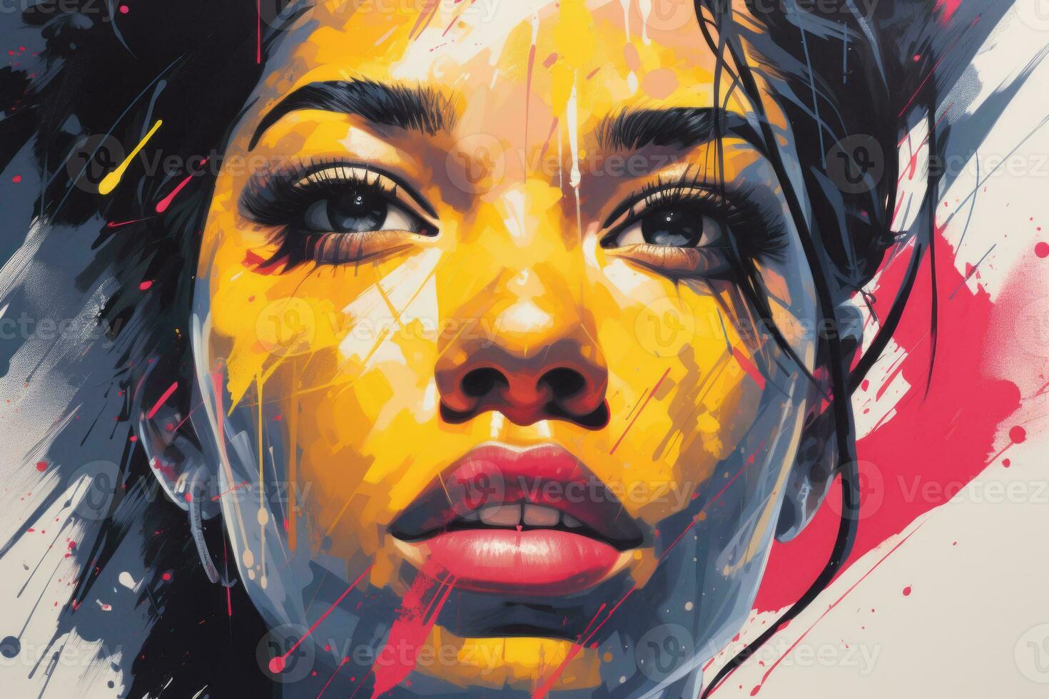 a painting of a woman with bright paint splatters on her face generative ai photo
