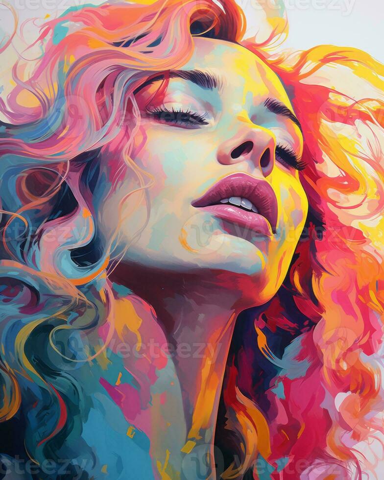 a painting of a woman with colorful hair generative ai photo