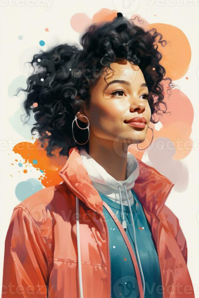 a painting of a woman with curly hair and a pink jacket generative ai photo