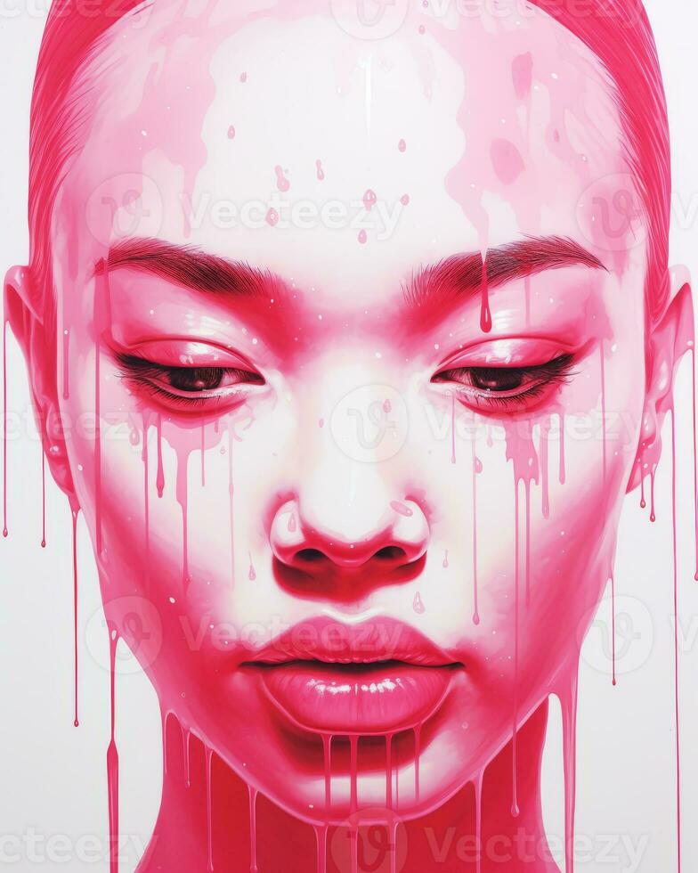 a painting of a woman with dripping pink paint on her face generative ai photo