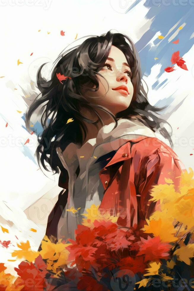 a painting of a woman with long hair and a red jacket generative ai photo