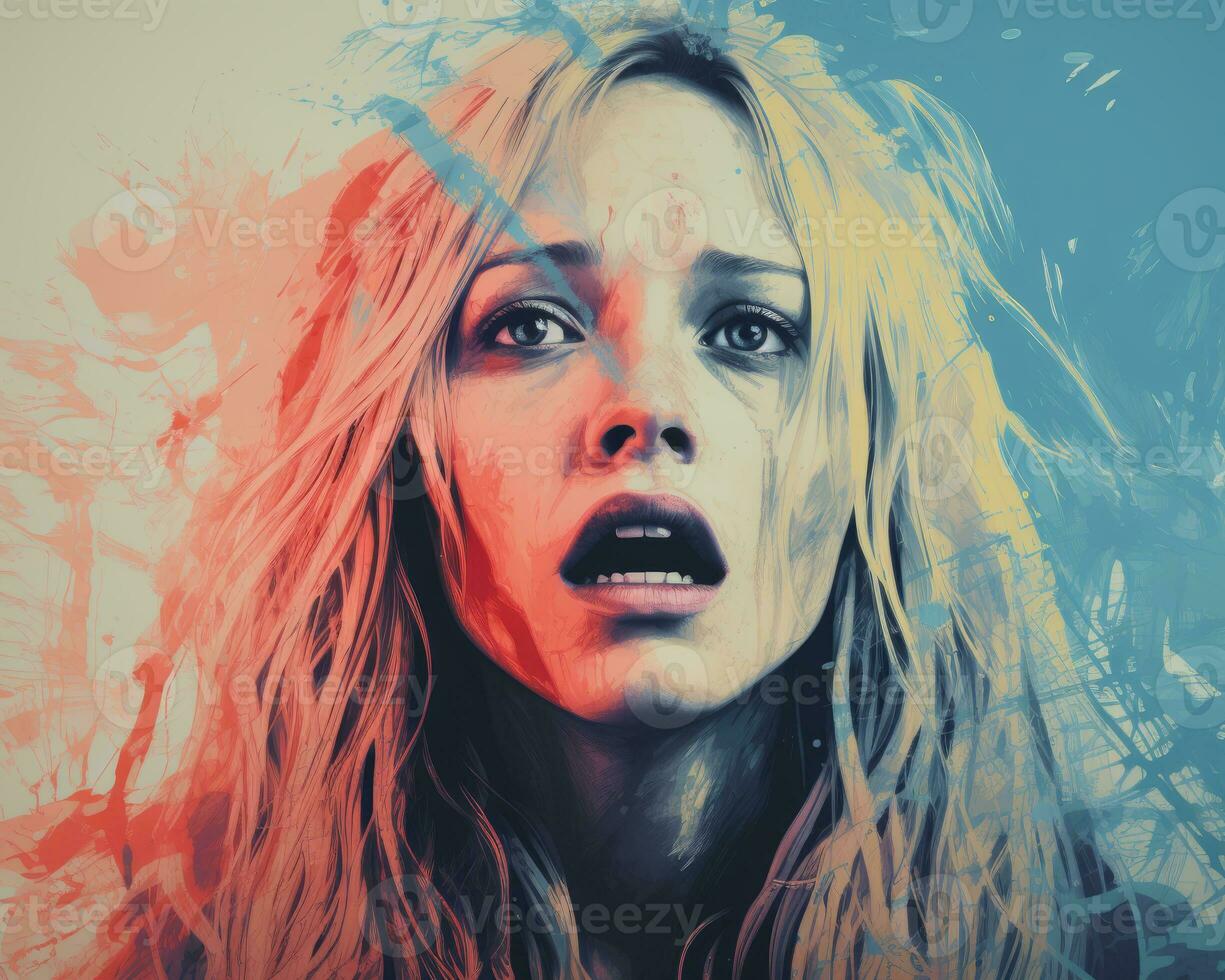 a painting of a woman with long hair and blue and red paint splatters on her face generative ai photo