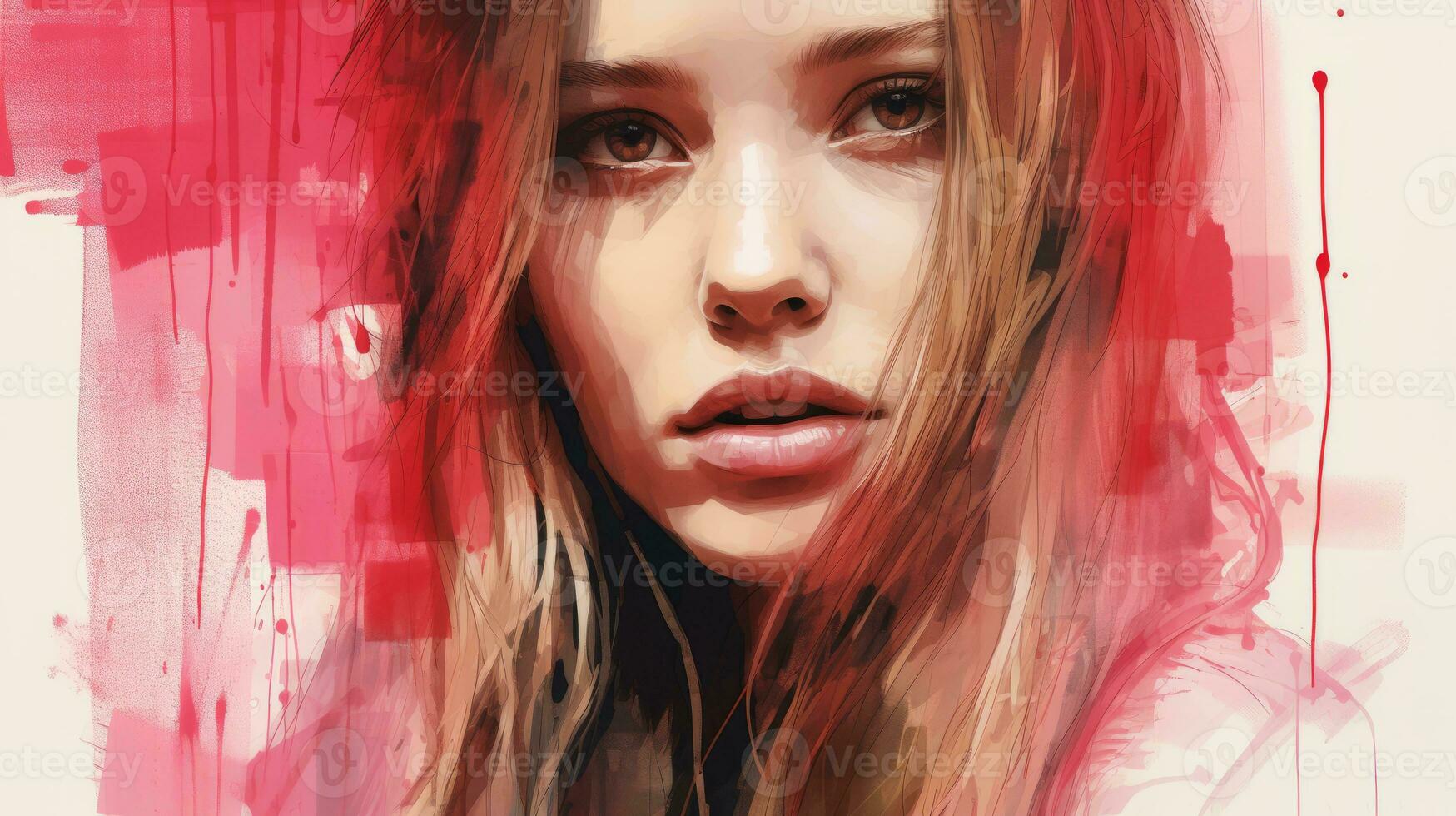 a painting of a woman with long hair and red paint on her face generative ai photo