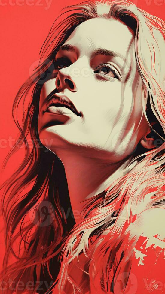 a painting of a woman with long hair on a red background generative ai photo